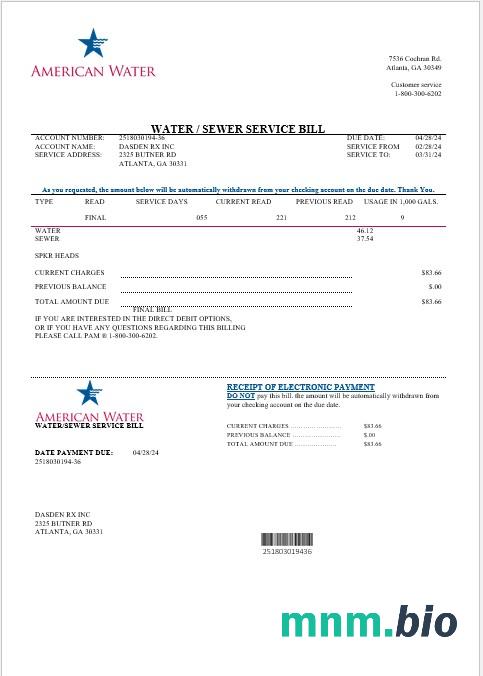 USA Georgia American Water rachunek za usługi komunalne szablon w formacie Word i PDF